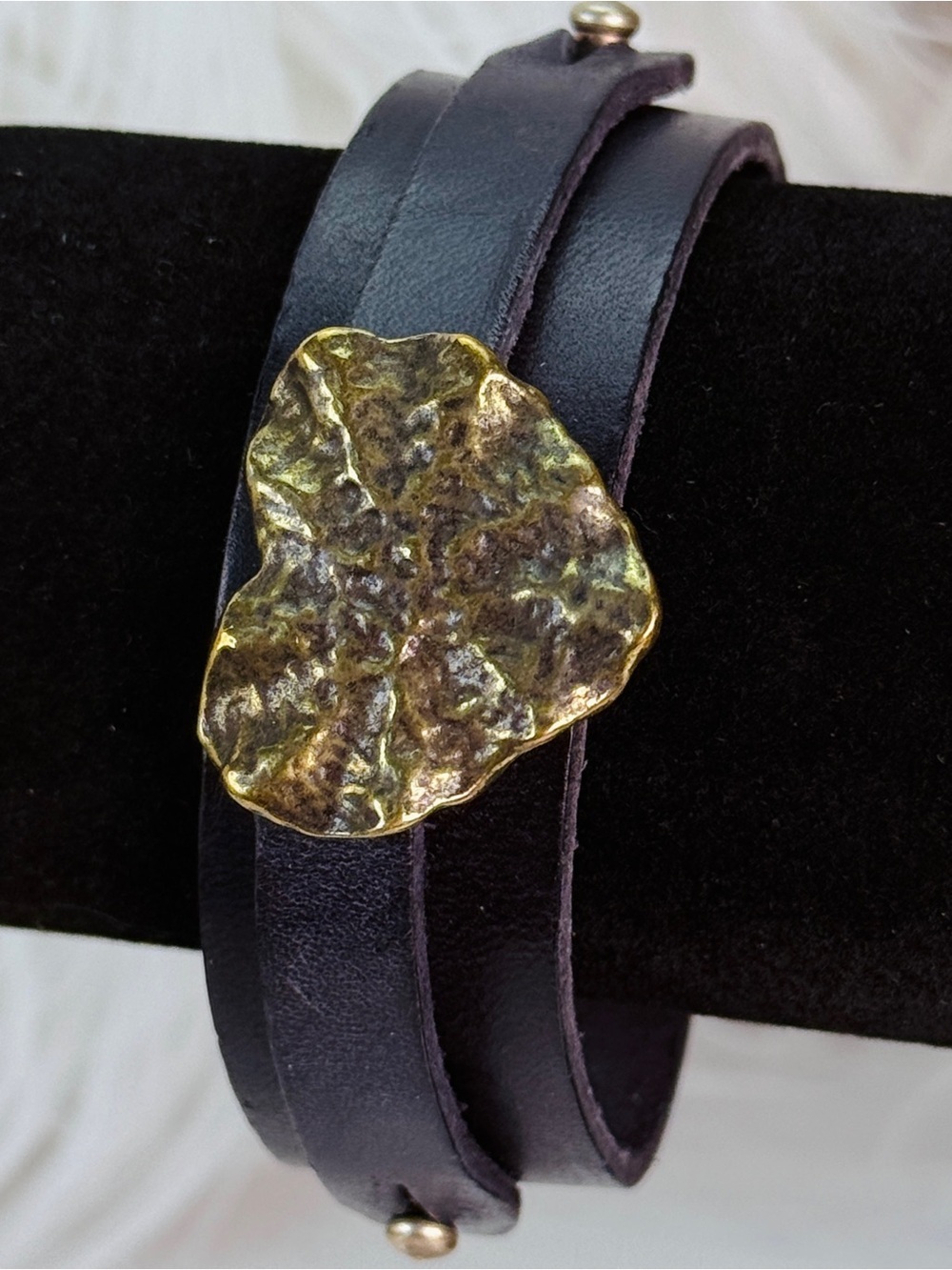 Waldes Spain leather bracelet, brass hammered metal heart accent